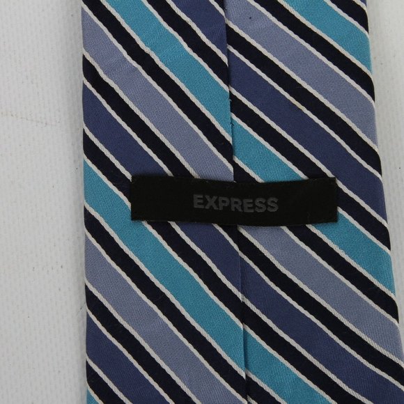 Express Blue Black White Stripe 100% Silk Diagonal Striped Mens Necktie Tie Ties - Picture 2 of 3